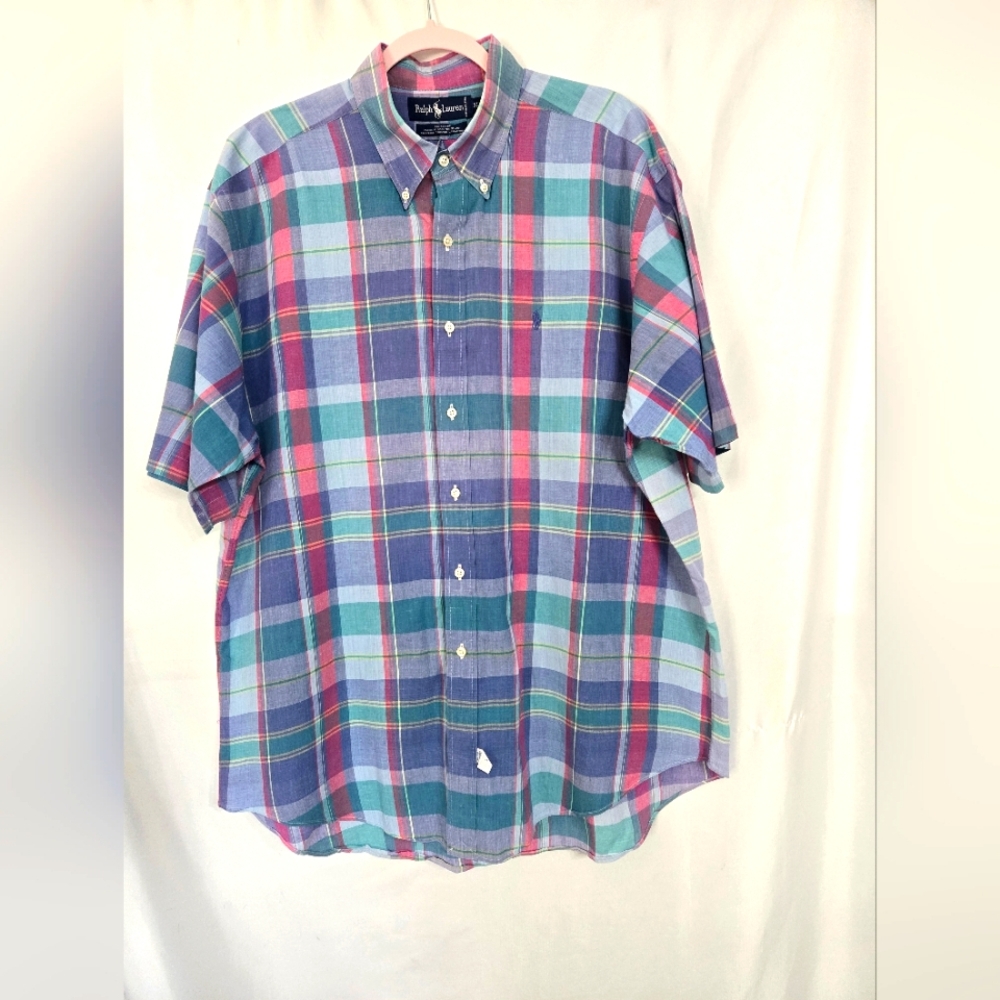 Ralph Lauren 100% Cotton Blue Print Plaid Preppy Classic  Shirt. Size XL